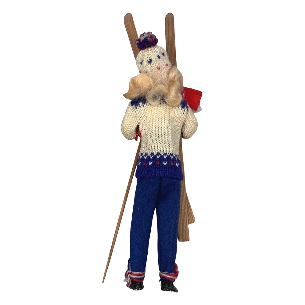Vintage Scandanavian Handcrafted Skier Doll Wooden Skis Poles Knit Sweater 10